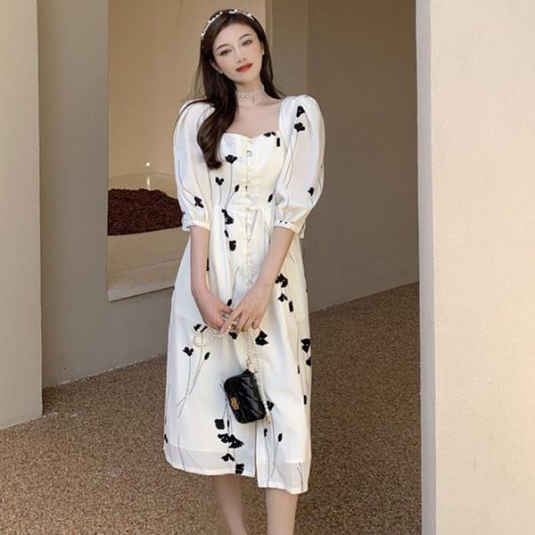 party dresses fashion summer vintage puff sleeve midi dress ladies elegant streetwear casual square neck button print beach vacation, White;black
party dresses fashion summer vintage puff sleeve midi dress ladies elegant streetwear casual square neck button print beach vacation, White;black