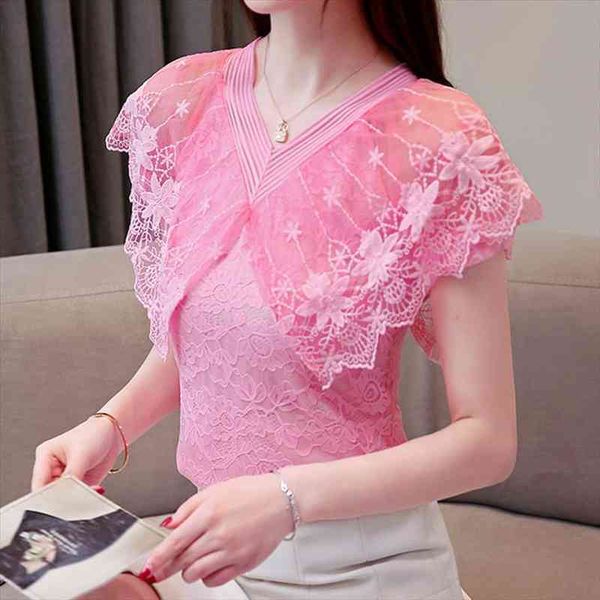 women blouses lace short-sleeved womens chiffon blouses hollow out pink embroidered v-neck female shirt 680f, White
women blouses lace short-sleeved womens chiffon blouses hollow out pink embroidered v-neck female shirt 680f, White