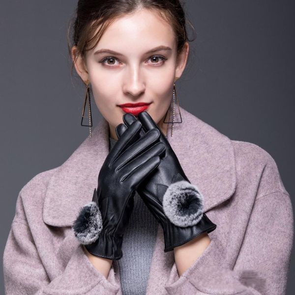 five fingers gloves women' leather touch screen warm fur ball glove mittens female luxury s2241, Blue;gray
five fingers gloves women' leather touch screen warm fur ball glove mittens female luxury s2241, Blue;gray