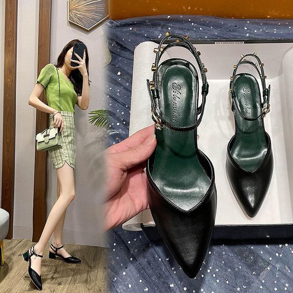 sandals exquisite rivet pointed toe square heel ladies summer fashion one-word buckle baotou shoes large size 31-40., Black
sandals exquisite rivet pointed toe square heel ladies summer fashion one-word buckle baotou shoes large size 31-40., Black