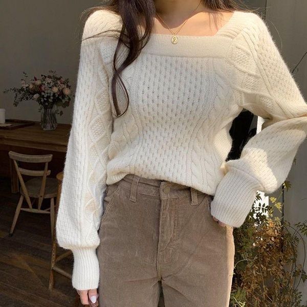 women's sweaters women 2021 autumn winter retro square collar female twist slim sweater ladies fashion solid color knitted q370, White;black
women's sweaters women 2021 autumn winter retro square collar female twist slim sweater ladies fashion solid color knitted q370, White;black