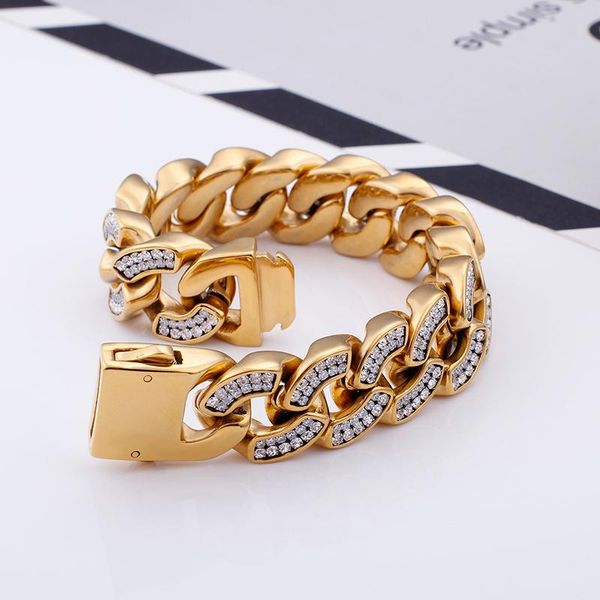 link, chain 156g gold full crystals stainless steel bling cuban bracelet 20mm 9'' mens, Black
link, chain 156g gold full crystals stainless steel bling cuban bracelet 20mm 9'' mens, Black