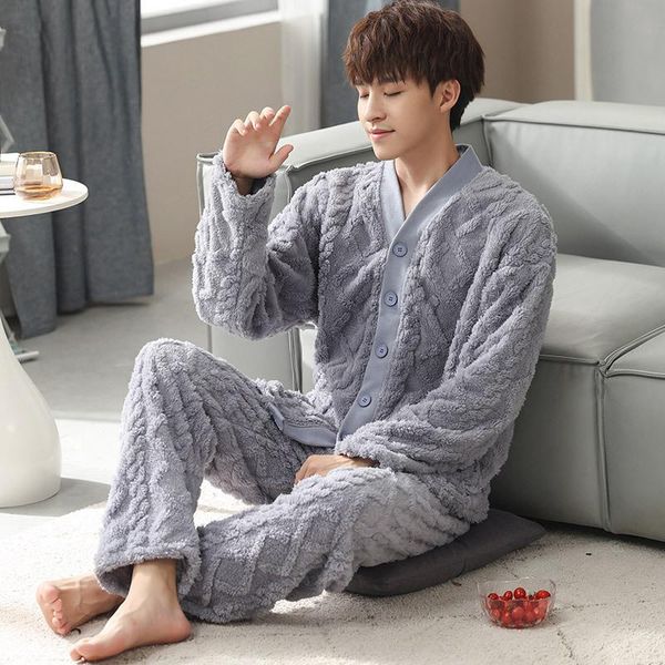 men's sleepwear plush pajamas men autumn winter lapel warm cardigan long sleeve trousers leisure home suit, Black;brown
men's sleepwear plush pajamas men autumn winter lapel warm cardigan long sleeve trousers leisure home suit, Black;brown