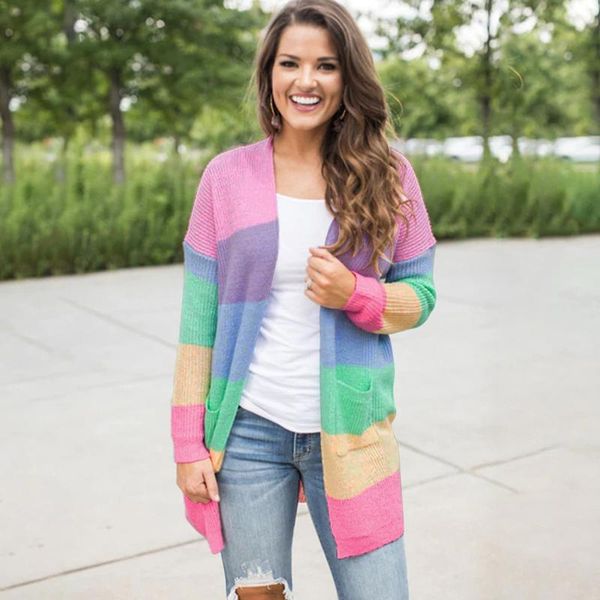women's sweaters 2021 autumn women sweater long sleeve patchwork knitted cardigans open front rainbow striped cardigan casual female, White;black
women's sweaters 2021 autumn women sweater long sleeve patchwork knitted cardigans open front rainbow striped cardigan casual female, White;black