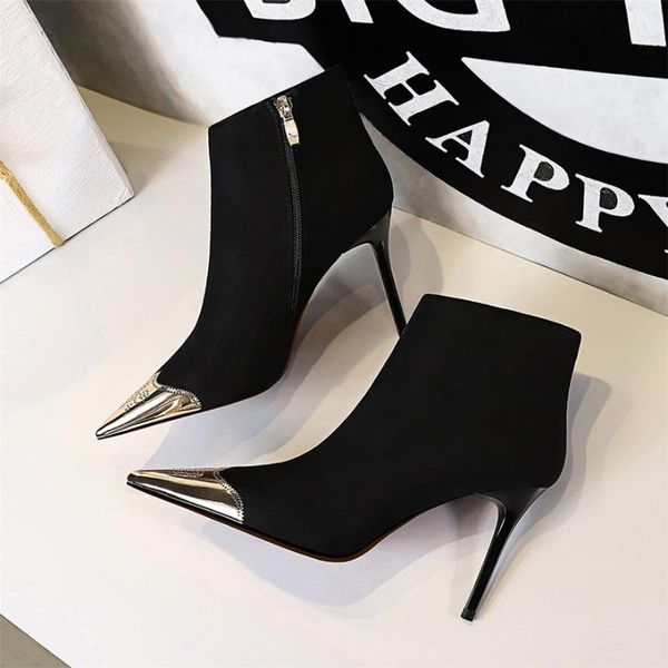 women's metal decoration pointed toe ankle boots 2021 solid flock winter fashion female zipper high heels party shoes, Black
women's metal decoration pointed toe ankle boots 2021 solid flock winter fashion female zipper high heels party shoes, Black