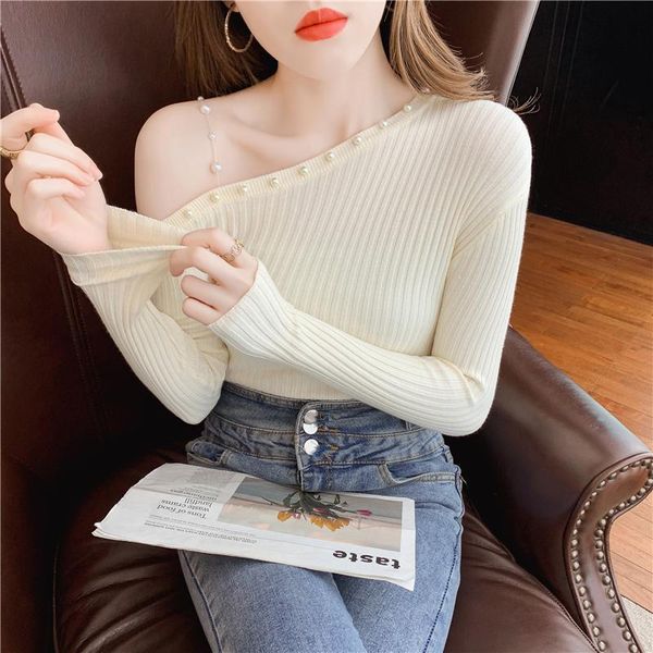 women's sweaters 2021 foreign style strapless pearl diagonal shoulder long sleeve tight fashion sweater blouse bottoming shirt women., White;black
women's sweaters 2021 foreign style strapless pearl diagonal shoulder long sleeve tight fashion sweater blouse bottoming shirt women., White;black