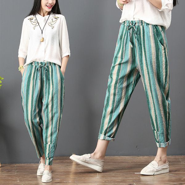 fashion summer women ankle-length pants elastic waist loose cotton linen pants vintage color striped harem plus size 210518, Black;white
fashion summer women ankle-length pants elastic waist loose cotton linen pants vintage color striped harem plus size 210518, Black;white