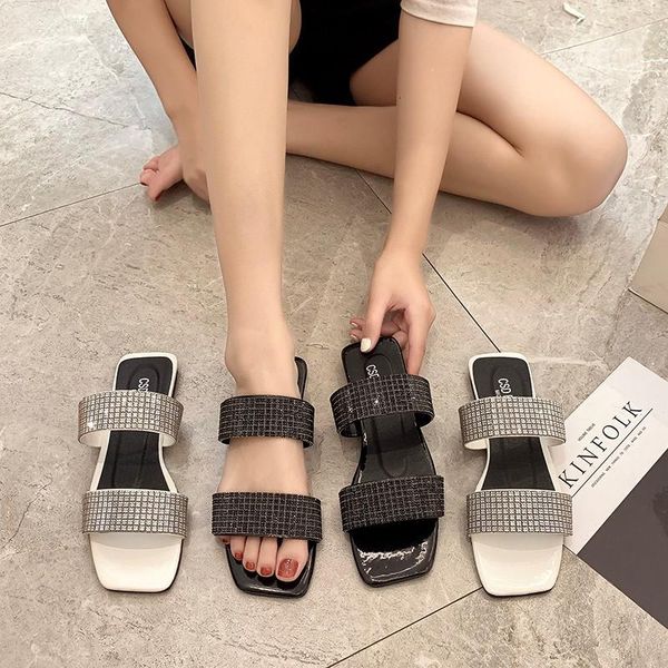 large size cold slipper female external wearing double bar water drill flat bottom korean square head one-character slippers, Black
large size cold slipper female external wearing double bar water drill flat bottom korean square head one-character slippers, Black