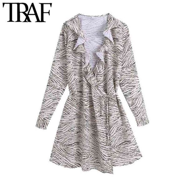women chic fashion with belt animal print wrap mini dress vintage long sleeve ruffled female dresses vestidos 210507, Black;gray
women chic fashion with belt animal print wrap mini dress vintage long sleeve ruffled female dresses vestidos 210507, Black;gray
