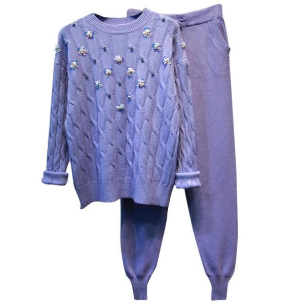 women's two piece pants women autumn winter flower beading knit sweater pullovers+pants pieces sets wool blends trousers, White
women's two piece pants women autumn winter flower beading knit sweater pullovers+pants pieces sets wool blends trousers, White