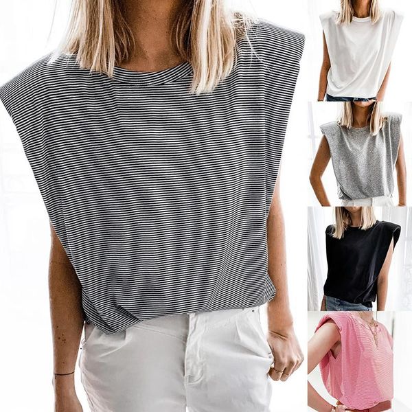women's t-shirt 2021women o-neck sleeveless solid stripe shoulder padded summer casual loose ladies tees, White
women's t-shirt 2021women o-neck sleeveless solid stripe shoulder padded summer casual loose ladies tees, White