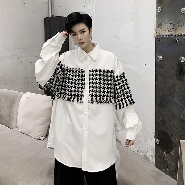 men's casual shirts autumn style tassel plaid patchwork mid length men 2021 loose long sleeve black white lapel for male, White;black
men's casual shirts autumn style tassel plaid patchwork mid length men 2021 loose long sleeve black white lapel for male, White;black