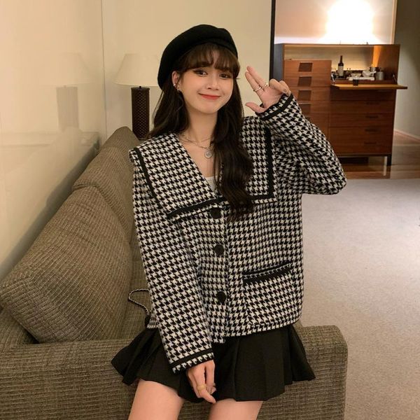 women's wool & blends 2021 autumn winter french navy collar houndstooth black and white grid short coat all-match cute student loose ov
women's wool & blends 2021 autumn winter french navy collar houndstooth black and white grid short coat all-match cute student loose ov