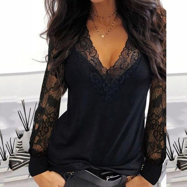 women's t-shirt casual v-neck lace long sleeve for women spring winter clothes solid color black tee shirt office lady top, White
women's t-shirt casual v-neck lace long sleeve for women spring winter clothes solid color black tee shirt office lady top, White