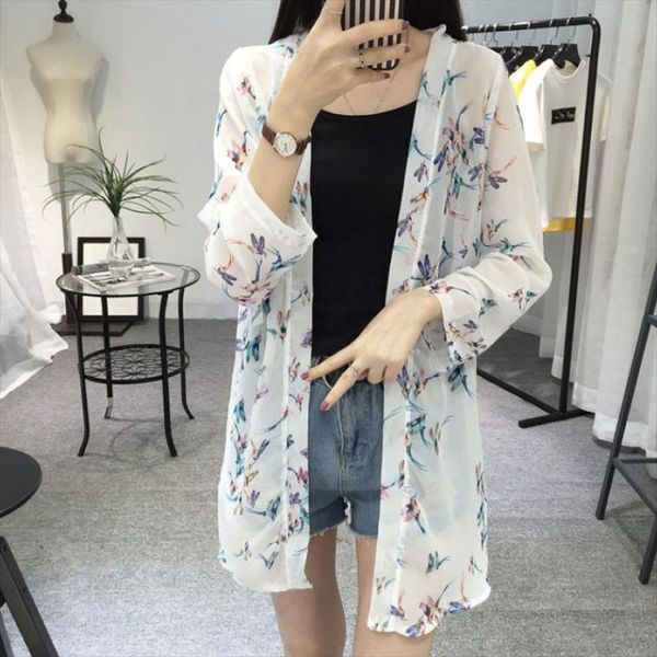long jacket loose beach womens shirt stylish casual sleeve cardigan chiffon birds printed outerwear, White
long jacket loose beach womens shirt stylish casual sleeve cardigan chiffon birds printed outerwear, White