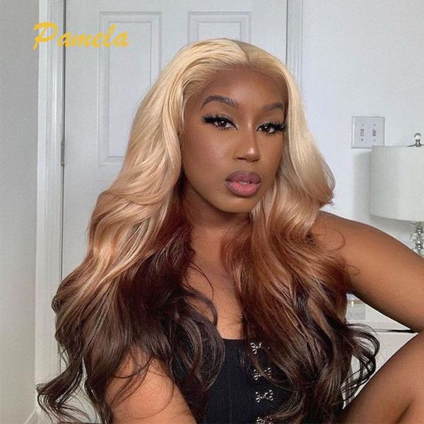 lace wigs 613/brown chunky highlight transparent front wig 150% density honey blonde body wave human hair pre plucked for women, Black;brown