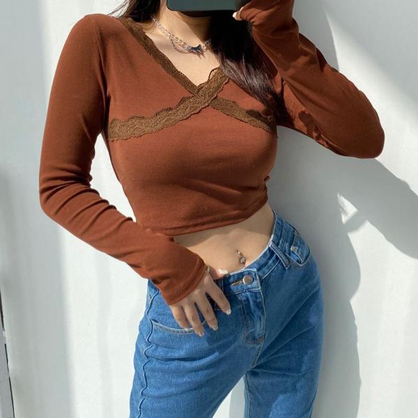 women's t-shirt brown y2k cotton long sleeve pullovers lace patched crop v neck korean style tshirt women casual spring summer 90s, White
women's t-shirt brown y2k cotton long sleeve pullovers lace patched crop v neck korean style tshirt women casual spring summer 90s, White