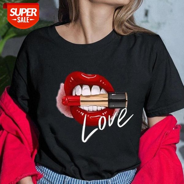 bk004 female independent standing fashion t-shirt love red lip lipstick round neck black short sleeves #1e6p, White
bk004 female independent standing fashion t-shirt love red lip lipstick round neck black short sleeves #1e6p, White