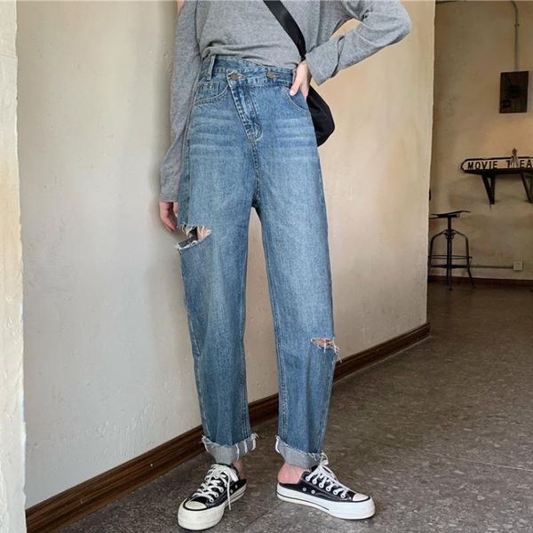 women's jeans 2021 women vintage wash wrinkle sand blast soft washed cotton loose with holes, Blue
women's jeans 2021 women vintage wash wrinkle sand blast soft washed cotton loose with holes, Blue