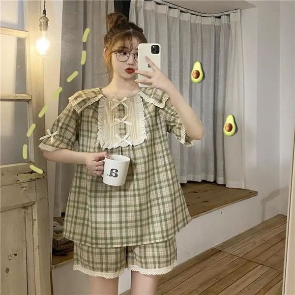 women's sleepwear 100% cotton pajamas set short sleeve shorts lace plaid sweet femme student spring casual pyjama kpacotakowk, Black;red
women's sleepwear 100% cotton pajamas set short sleeve shorts lace plaid sweet femme student spring casual pyjama kpacotakowk, Black;red