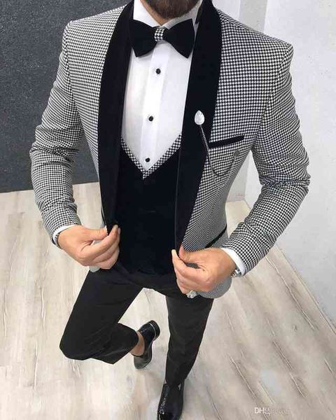 men's suits & blazers 3 pieces mens grey slim fit business retro classic houndst groom tweed wool tuxedos for wedding (blazer+pants+ves, White;black
men's suits & blazers 3 pieces mens grey slim fit business retro classic houndst groom tweed wool tuxedos for wedding (blazer+pants+ves, White;black