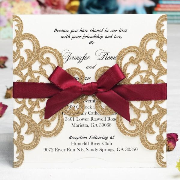 greeting cards gold glitter laser cut wedding invitations with burgundy ribbons for marriage birthday party supplies,customizable 100pcs
greeting cards gold glitter laser cut wedding invitations with burgundy ribbons for marriage birthday party supplies,customizable 100pcs