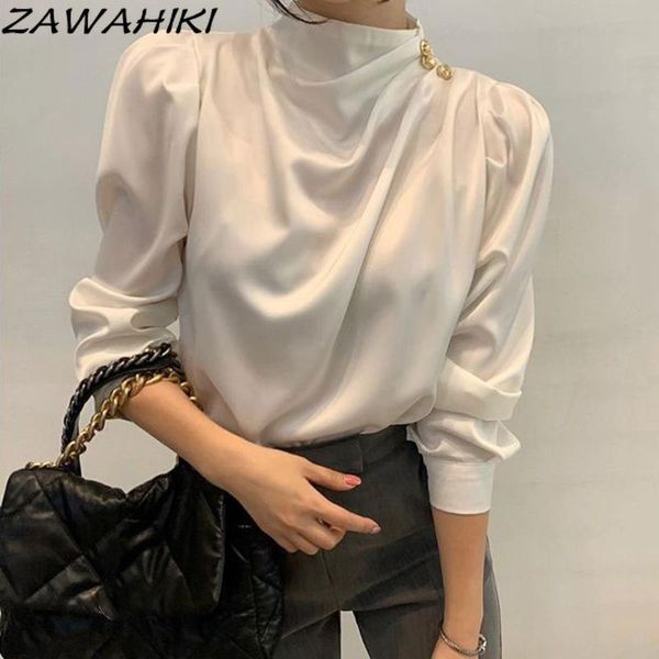 women's blouses & shirts zawahiki autumn temperament stand-up collar blusas pleated design button all-match puff sleeve solid pullover, White
women's blouses & shirts zawahiki autumn temperament stand-up collar blusas pleated design button all-match puff sleeve solid pullover, White