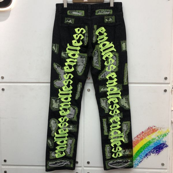 jeans endless damage hole distressed jean men women straight fluorescent green letter embroidery denim pants, Blue
jeans endless damage hole distressed jean men women straight fluorescent green letter embroidery denim pants, Blue