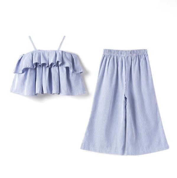 kids' stripe two piece set sleeveless flounced crop high waist loose pants for summer clothing sets, White
kids' stripe two piece set sleeveless flounced crop high waist loose pants for summer clothing sets, White