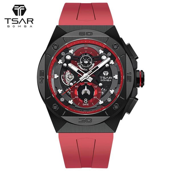 wristwatches watches for men tsar bomba 100m waterproof sapphire crystal miyota js20 movement chronograph luxury fashion elegant wristwatch, Slivery;brown