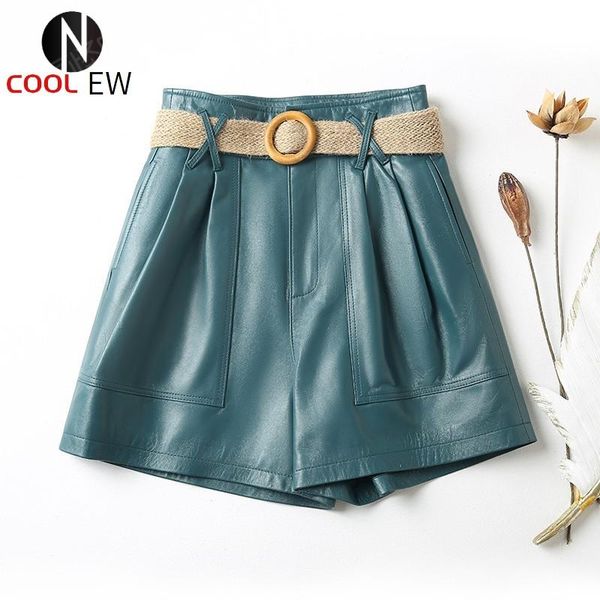 women's shorts fashion women high waist belted sheepskin real leather casual ladies soft flare trousers loose fit wide leg, White;black
women's shorts fashion women high waist belted sheepskin real leather casual ladies soft flare trousers loose fit wide leg, White;black