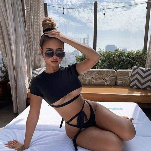 women's swimwear chic black t-shirt straps low waist bikini backless thong suit two-color swimsuit summer vacation beach outfit for coo, White;black
women's swimwear chic black t-shirt straps low waist bikini backless thong suit two-color swimsuit summer vacation beach outfit for coo, White;black