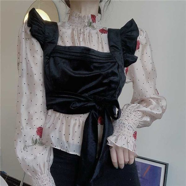 stand collar flare sleeve embroidery polka dots blouse women elegant retro slim black velvet camisole fashion sets 210610, White
stand collar flare sleeve embroidery polka dots blouse women elegant retro slim black velvet camisole fashion sets 210610, White
