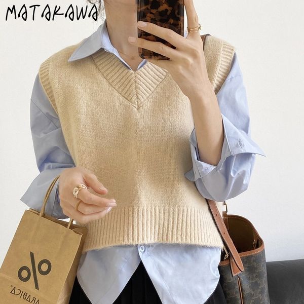 matakawa basic short solid color sweater vest v-neck knitted vest women's spring korean sleeveless jacket women 210513, Black;white
matakawa basic short solid color sweater vest v-neck knitted vest women's spring korean sleeveless jacket women 210513, Black;white