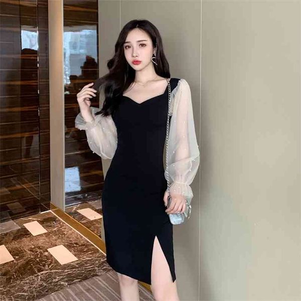women's spring autumn dress ladies temperament mesh patchwork lantern sleeve beading high waist slit black ml626 210506, Black;gray
women's spring autumn dress ladies temperament mesh patchwork lantern sleeve beading high waist slit black ml626 210506, Black;gray