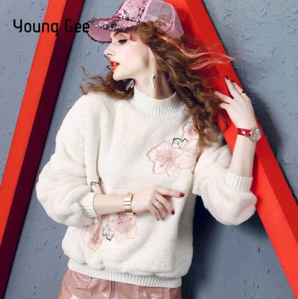 women's sweaters young gee sweater women warm faux fur pullover winter o-neck floral beading loose thicken sweet long sleeve knitted, White;black
women's sweaters young gee sweater women warm faux fur pullover winter o-neck floral beading loose thicken sweet long sleeve knitted, White;black