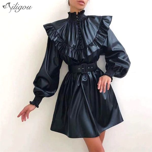 female fashion a-line ruffled stand-up collar lantern sleeves high waist belt retro pu leather mini dress 210525, Black;gray
female fashion a-line ruffled stand-up collar lantern sleeves high waist belt retro pu leather mini dress 210525, Black;gray