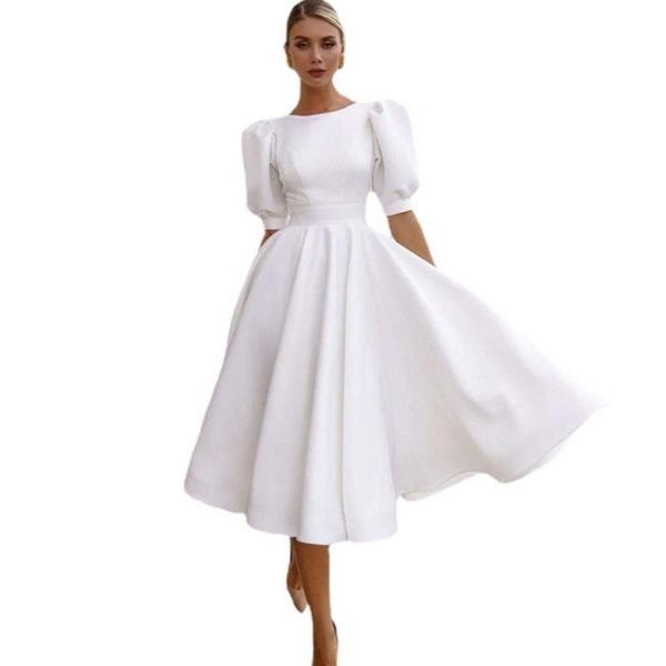 party dresses 28tf women puff short sleeve white midi dress button backless flowy sundress, White;black
party dresses 28tf women puff short sleeve white midi dress button backless flowy sundress, White;black