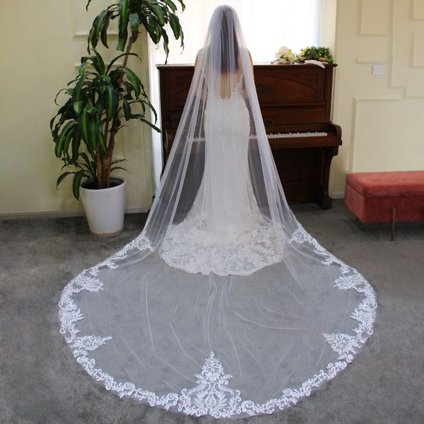 v685 luxurious cathedral wedding bridal veil soft tulle one-layer lace applique edge long train white marriage party bride headpiece, Black
v685 luxurious cathedral wedding bridal veil soft tulle one-layer lace applique edge long train white marriage party bride headpiece, Black