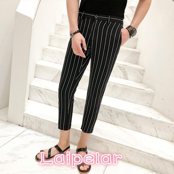 british summer gentlemen pants men thin slim fit striped suit pant calf-length casual business work dress trousers men's, Black
british summer gentlemen pants men thin slim fit striped suit pant calf-length casual business work dress trousers men's, Black