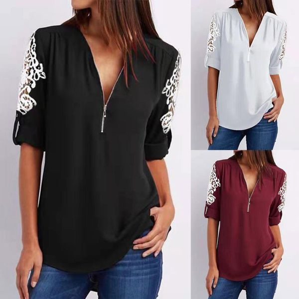 women's blouses & shirts lace zipper casual fashion women v-neck short sleeve fold streetwear blouse elegant female loose party, White
women's blouses & shirts lace zipper casual fashion women v-neck short sleeve fold streetwear blouse elegant female loose party, White