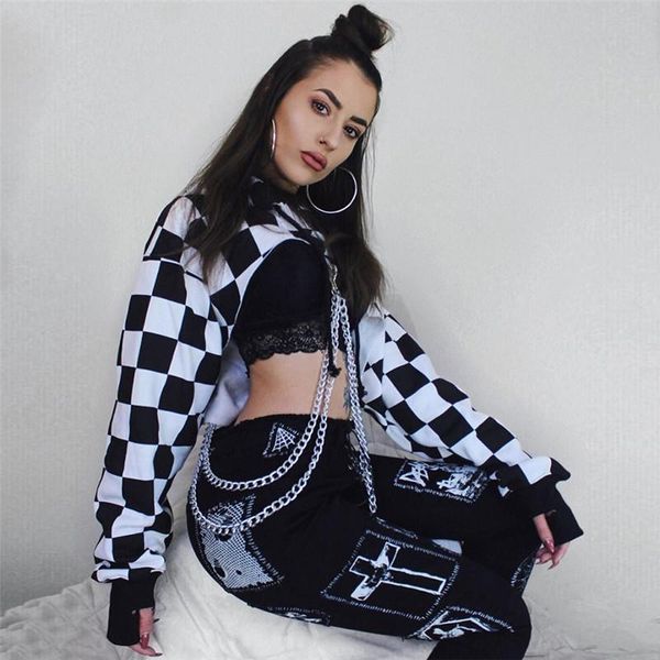 women plaid casual streetwear sweatshirt hoodie crop jumper pullover chain stitching short loose shirt women's hoodies & sweatshirts, Black
women plaid casual streetwear sweatshirt hoodie crop jumper pullover chain stitching short loose shirt women's hoodies & sweatshirts, Black
