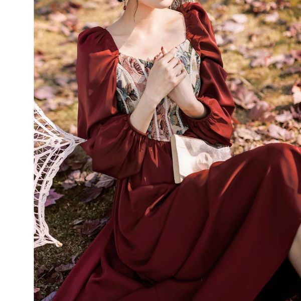 casual dresses girl lady princess dating party vintage oil paintings jacquard red dress retro royal square collar puff sleeve slim, Black;gray 
casual dresses girl lady princess dating party vintage oil paintings jacquard red dress retro royal square collar puff sleeve slim, Black;gray