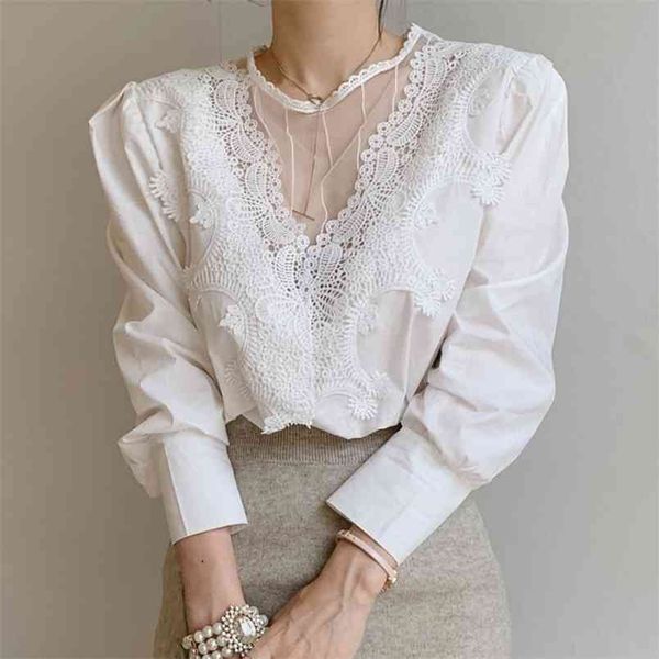 korean elegant sweet lace hook flower blouse women white o-neck puff long sleeve pullover blusas spring 210519
korean elegant sweet lace hook flower blouse women white o-neck puff long sleeve pullover blusas spring 210519