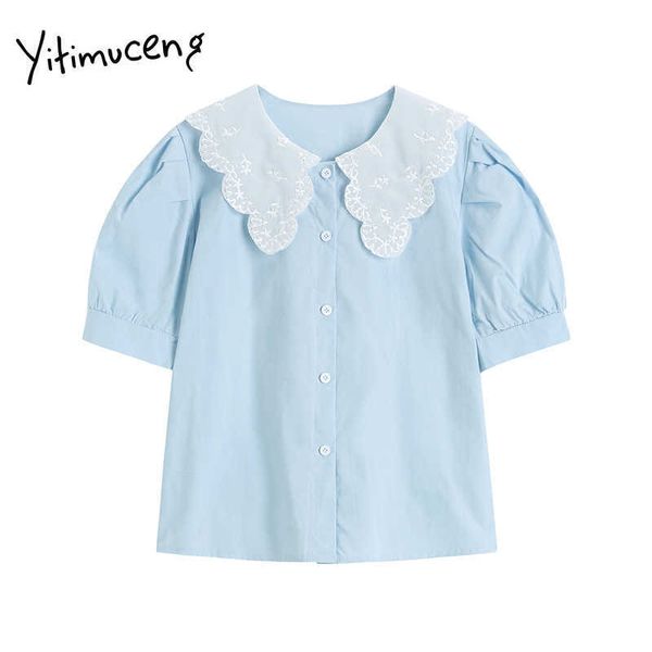 yitimuceng blouse women button up shirts peter pan collar puff sleeve straight solid blue summer korean fashion 210601, White
yitimuceng blouse women button up shirts peter pan collar puff sleeve straight solid blue summer korean fashion 210601, White