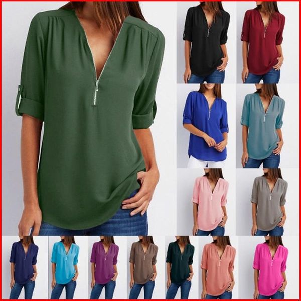women's blouses & shirts women casual comfortable 3/4 sleeves zipper deep v neck tunic plus size summer loose chiffon shirt blusas, White
women's blouses & shirts women casual comfortable 3/4 sleeves zipper deep v neck tunic plus size summer loose chiffon shirt blusas, White