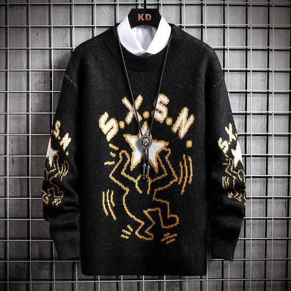 men's sweaters 2021 fall winter hip hop knitted sweater men loose printed pullover long sleeve thick warm mens male knitwear, White;black
men's sweaters 2021 fall winter hip hop knitted sweater men loose printed pullover long sleeve thick warm mens male knitwear, White;black