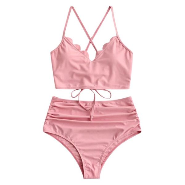 women solid swimwear scalloped lace-up ruched tankini push up padded bandage swimsuit beachwear women's, White;black
women solid swimwear scalloped lace-up ruched tankini push up padded bandage swimsuit beachwear women's, White;black