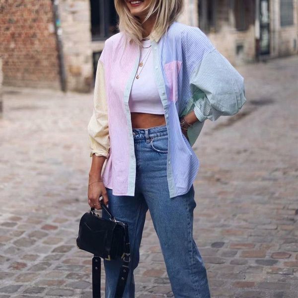 women's blouses & shirts zoulv spring and autumn long-sleeved pocket decorative stitching loose shirt casual striped lapel button up, White
women's blouses & shirts zoulv spring and autumn long-sleeved pocket decorative stitching loose shirt casual striped lapel button up, White