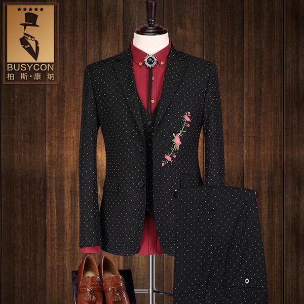 three pieces flower embroidery tuxedo grooms wedding white dot and black skinny suit for men men's suits & blazers, White;black
three pieces flower embroidery tuxedo grooms wedding white dot and black skinny suit for men men's suits & blazers, White;black